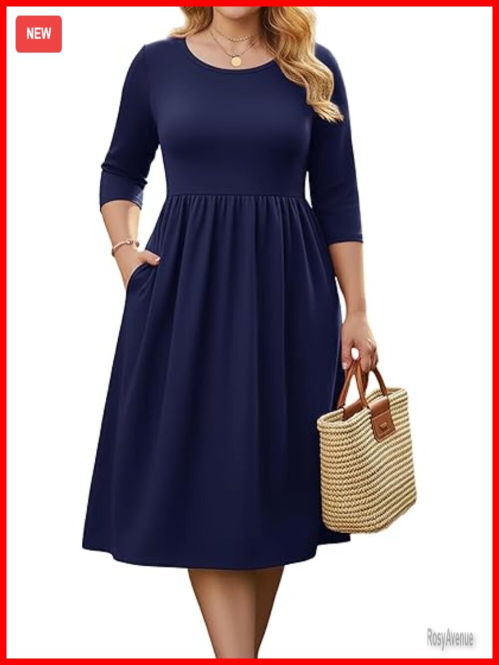 Plus Size 3/4 Sleeve Midi Dress with Pockets Flowy A-line Boho Casual Sundress